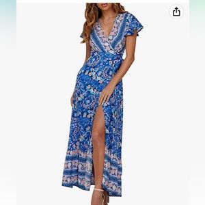 👗 NEW! ZESICA Bohemian Blue Floral Printed Wrap V Neck Dress, X-Large
